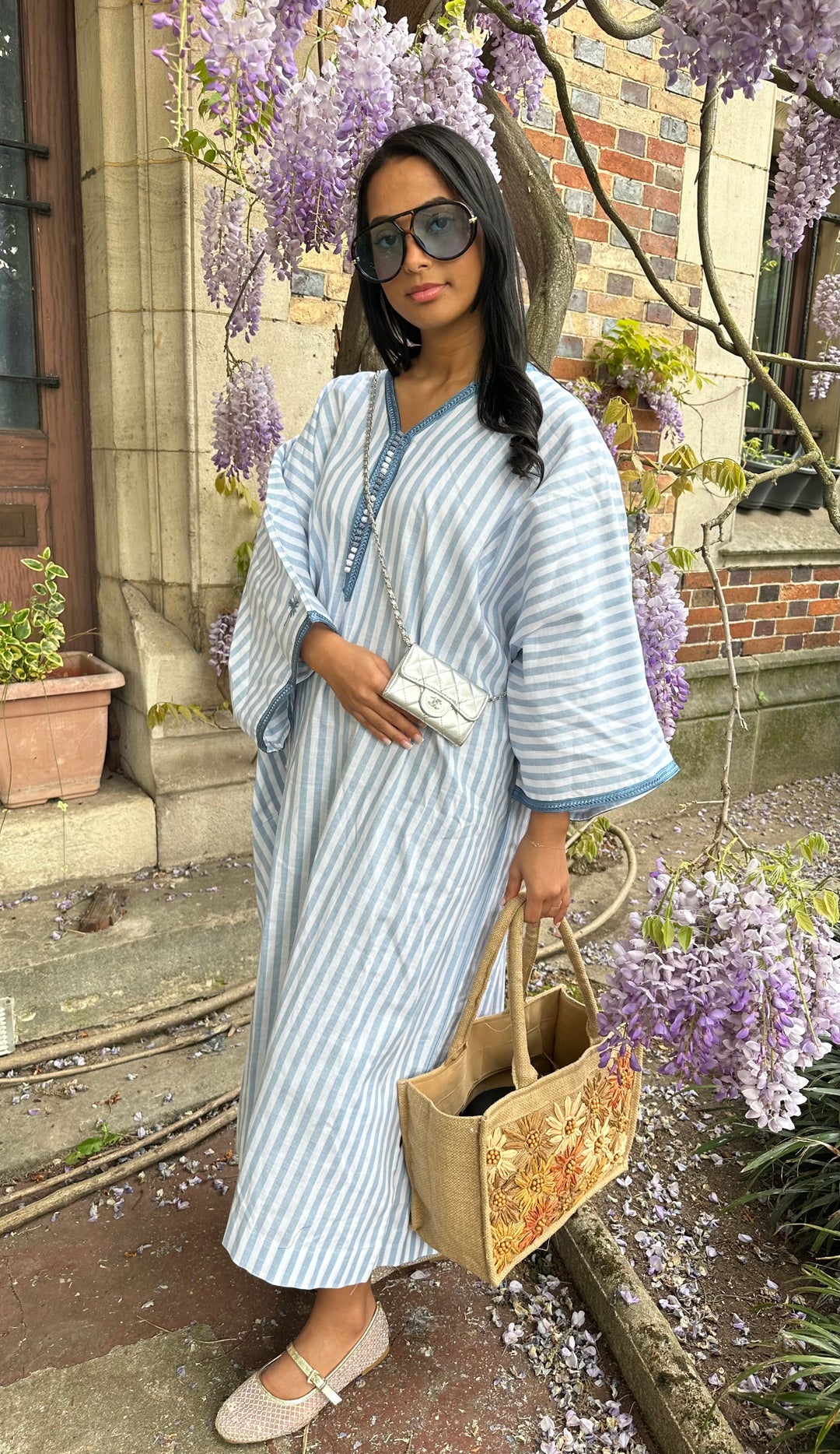 Abaya Authentica en lin – motif rayé bleu