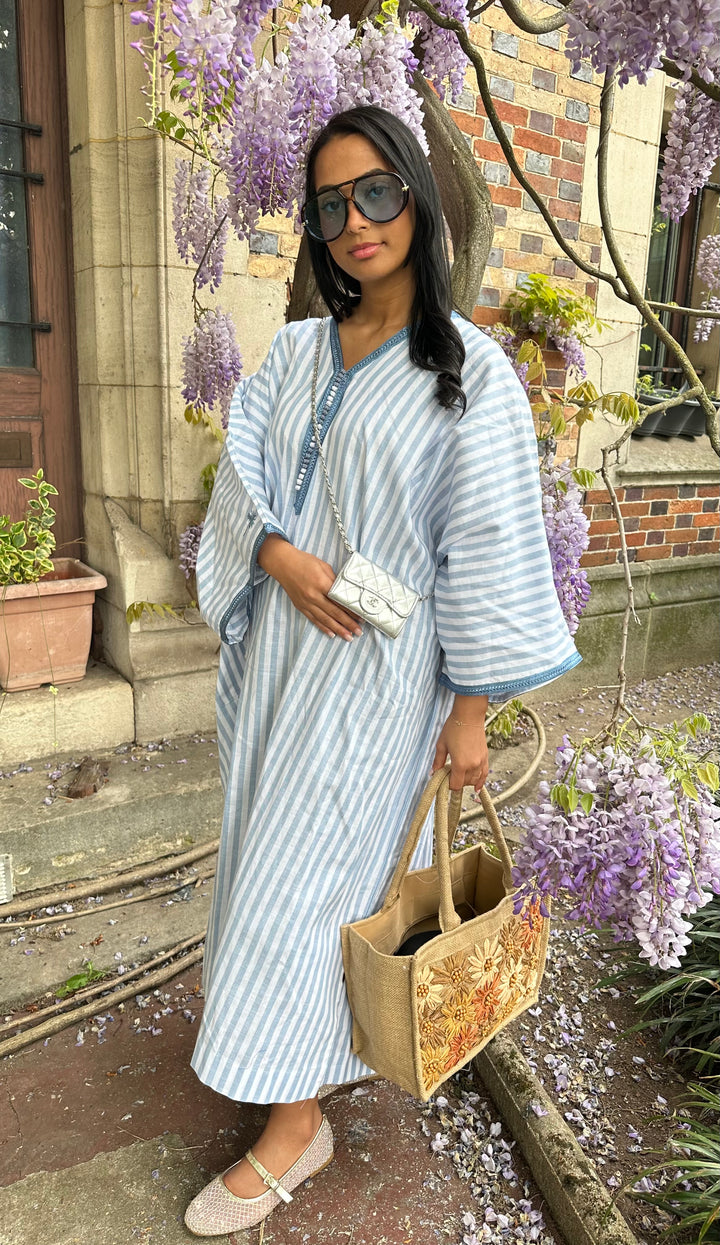 Abaya Authentica en lin – motif rayé bleu