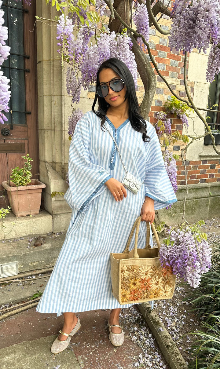 Abaya Authentica en lin – motif rayé bleu