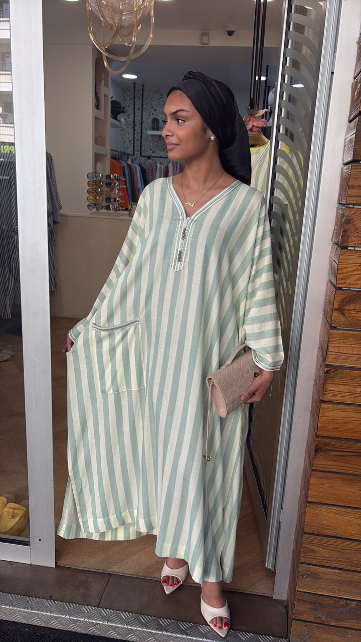 Abaya Authentica motif rayé vert d’eau